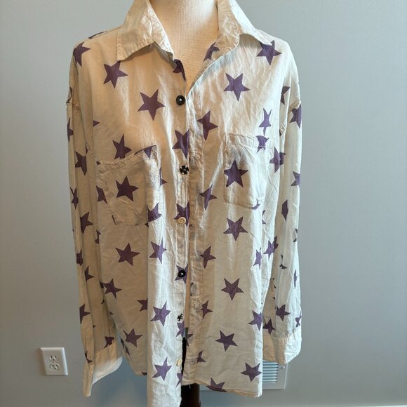 Magnolia Pearl Tops - Magnolia Pearl White Long Sleeve Shirt with Purple Stars - NWOT